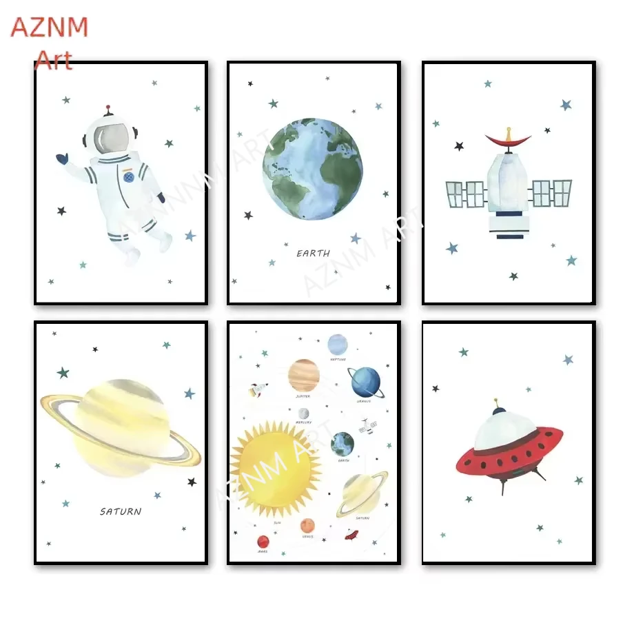 Custom Name Astronaut Space Station Planets Rocket Earth Saturn Wall Art Canvas Home Pictures Nursery Posters Prints Room Decor