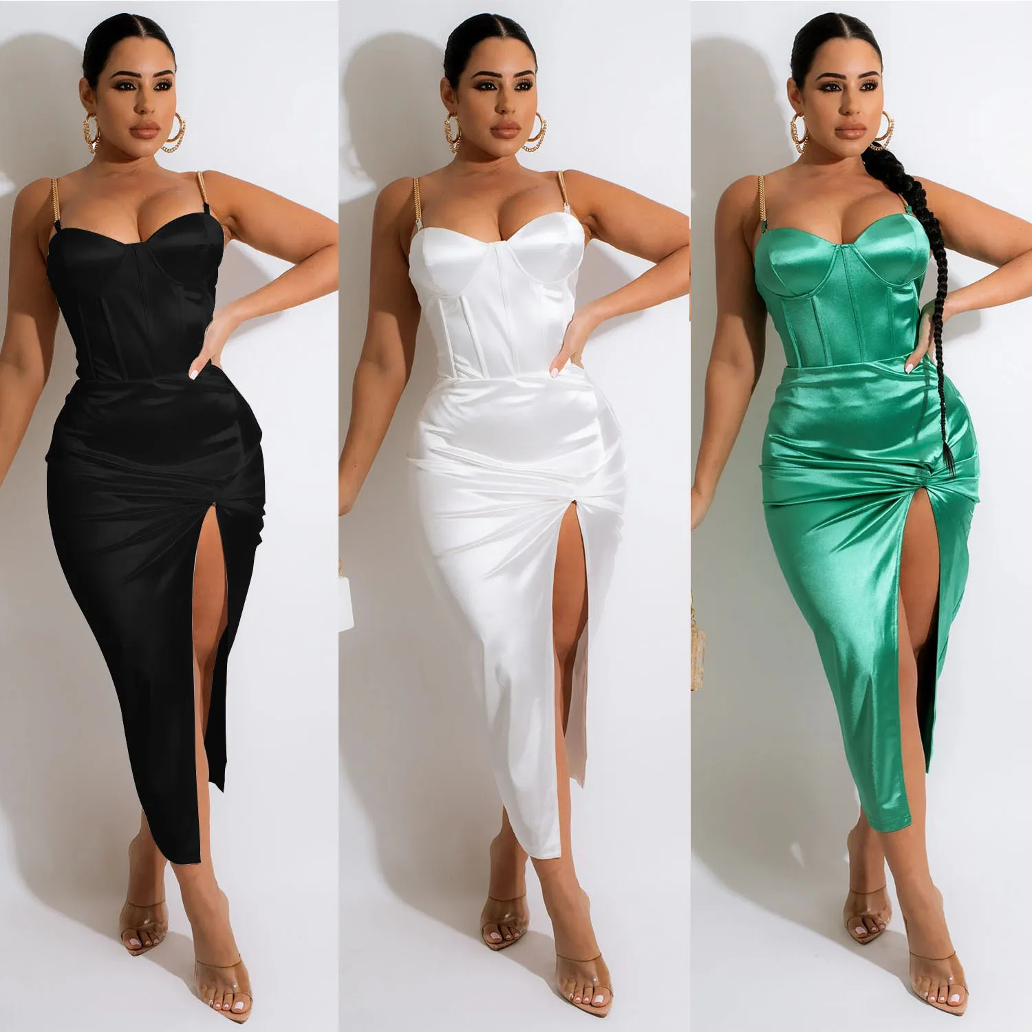 High Quality Satin Bodycon Dress Women Party Dress 2024 New Summer Dress Green Bodycon  Celebrity Evening Club XL