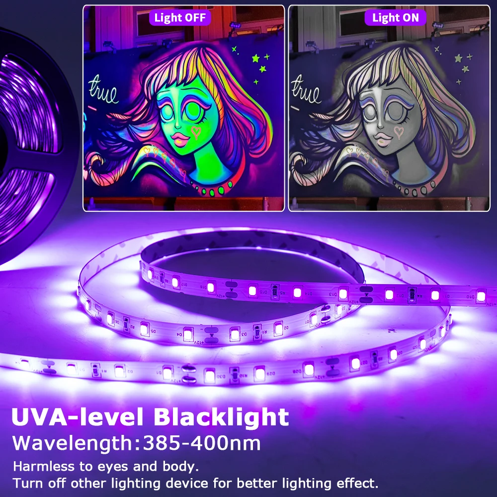 LED UVライトブラックランプセット、リモコン付き、60leds/m、12V自己接着性調整可能、ハロウィーン蛍光パーティーに適しています