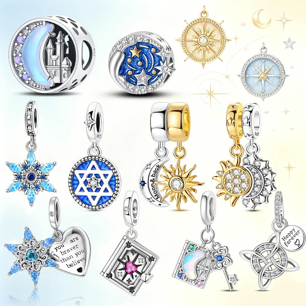 Original Silver Charms Beads Fit Bracelets Bag Keychain Charms Diy Women Gift Accessory Moon Star Compass Travel Pendant