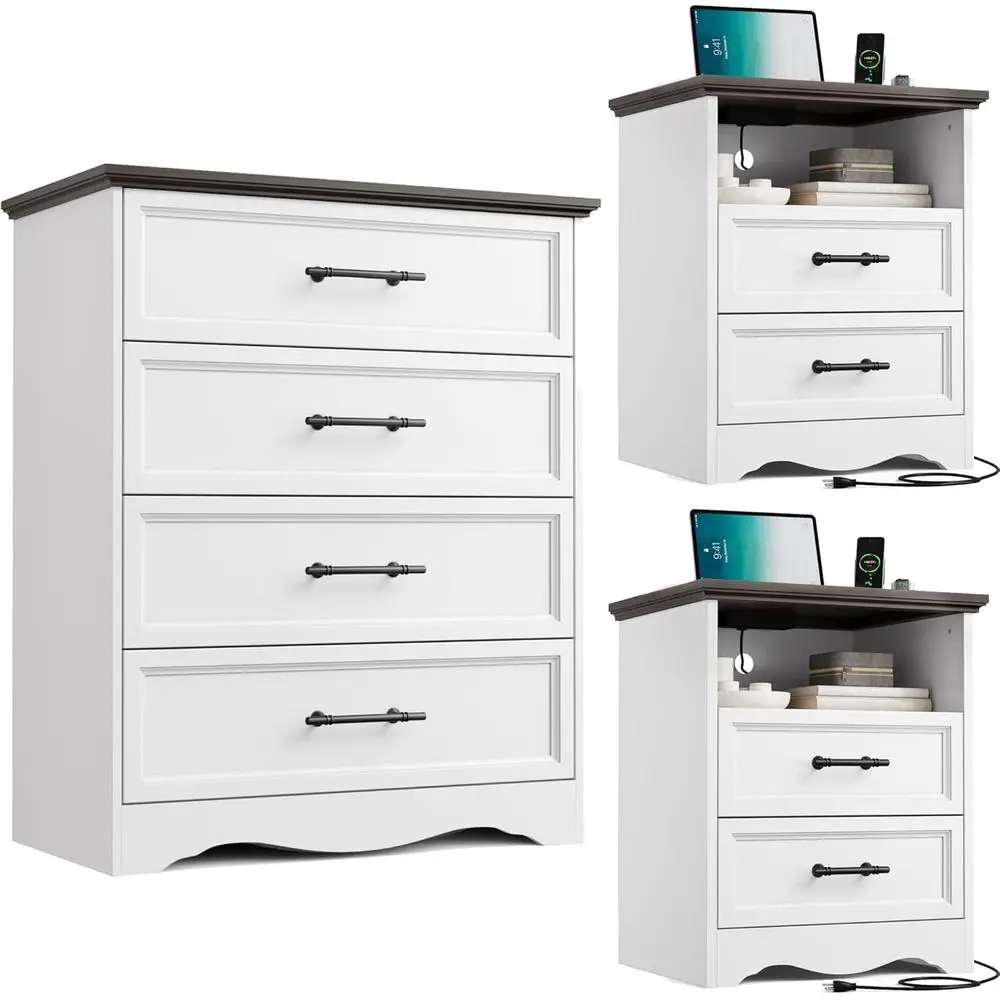 3-Piece Wooden Bedroom Furniture Set: 4-Drawer Dresser & Nightstands with Charging Station, White Farmhouse Style Storage Cabine