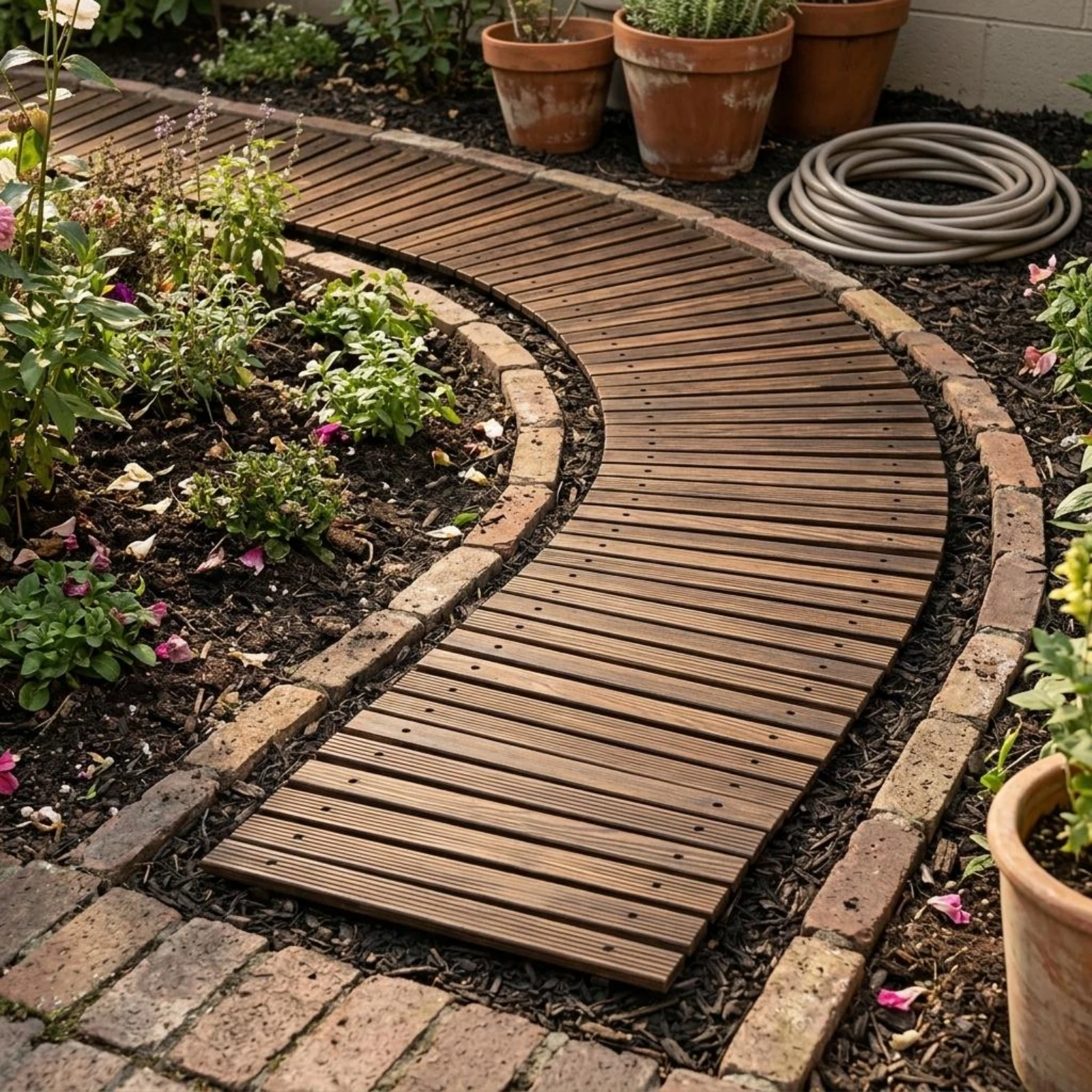 Curved Garden Walkway Slatted Carbonized Wood Panel Curved Wood Walkway Sturdy Outdoor Flooring Rustic for Landscape