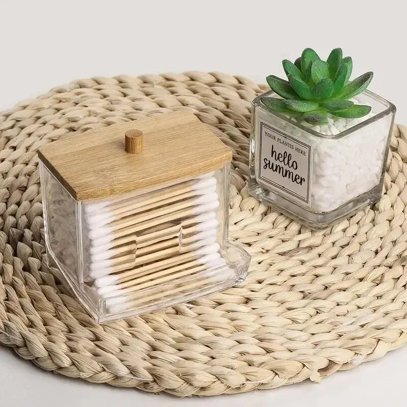 Bamboo Lid Cotton Swab Organizer Portable Storage Jar Highly Transparent Material Cosmetic Organizer Acrylic Storage Case