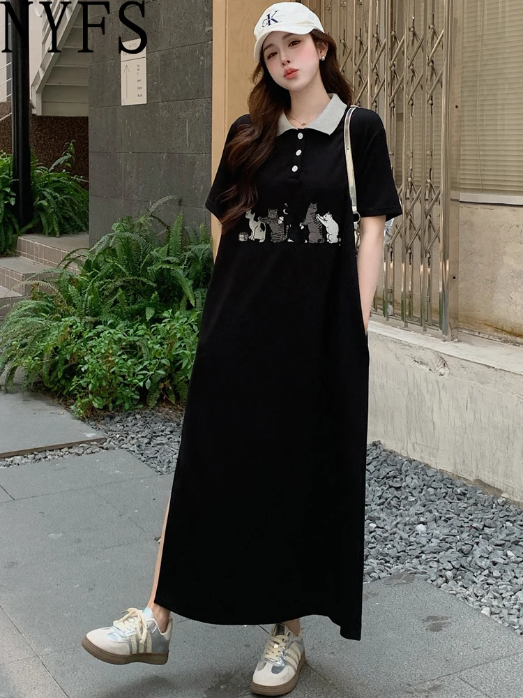 NYFS 2025 فستان نسائي كوري صيفي جديد من فيستدوس رداء Elbise فضفاض مقاس كبير برقبة بولو مطبوع وأكمام قصيرة فساتين طويلة #1