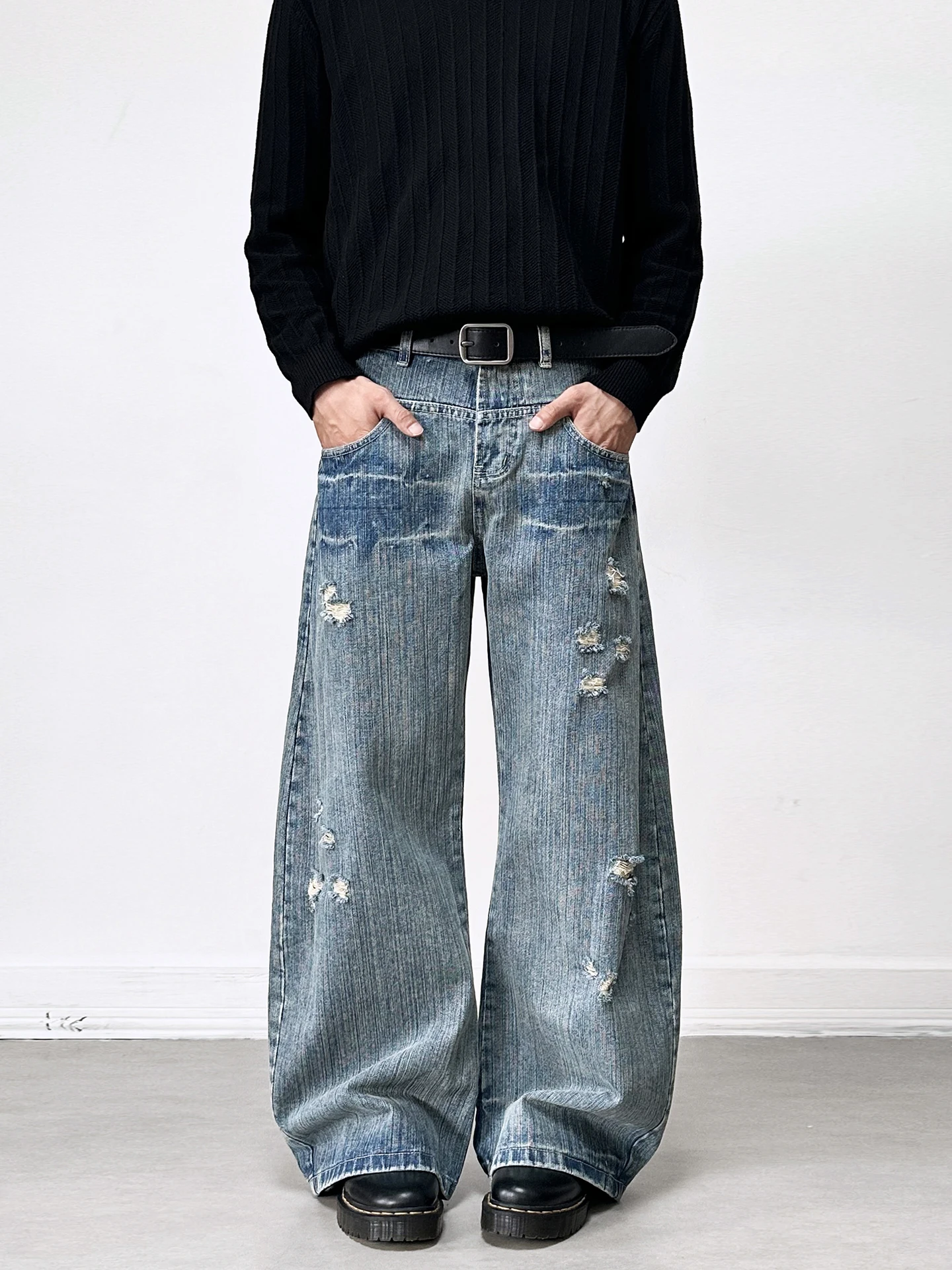 MIJKO بنطال جينز أزرق واسع الساق بفتحات دمعة الحشرات وجيوب مستقيمة G6871 # #3