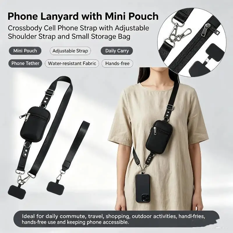 Crossbody Phone Lanyard Adjustable Detachable Zipper Pouch Universal Tear Resistant Phone Strap for Amusement Park Trips