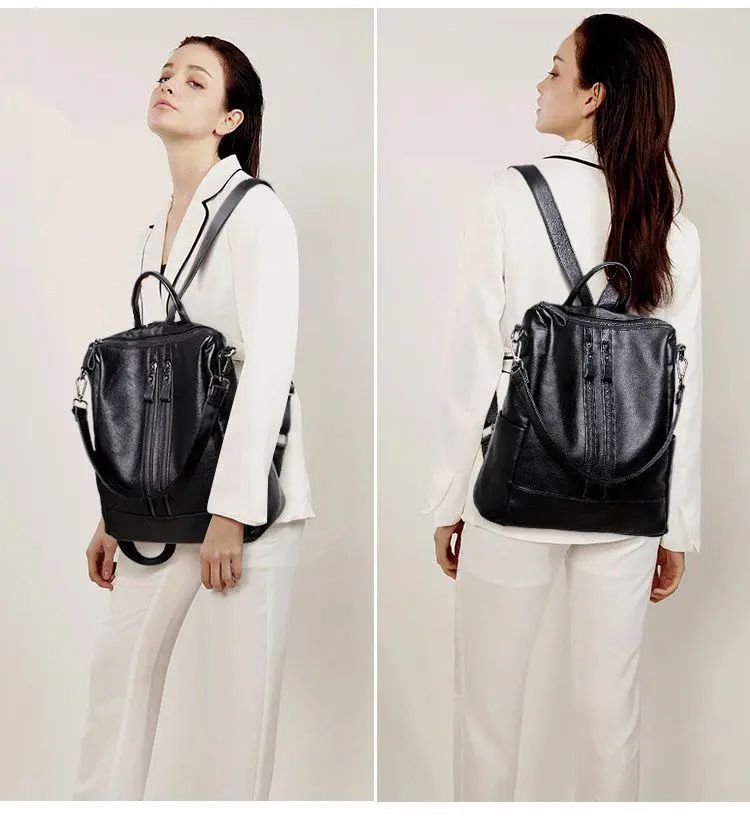 Frauen Weiches Leder Rucksack Schule Schwarz Casual Multifunktionale College Tasche Große Kapazität Schulter Taschen Reise Tote Rucksack