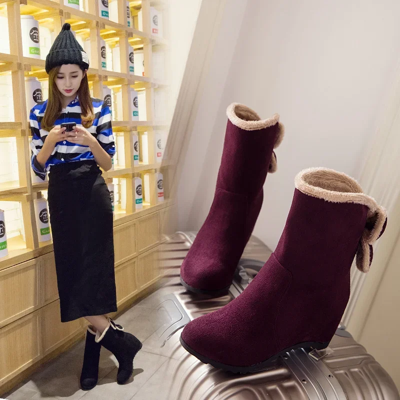 YQBTDL 2025 Hot Sale Boots Autumn Winter Ladies Sweet Bowknot Basic Suede Pendant Wedges Ankle Women Plus Size 42 43