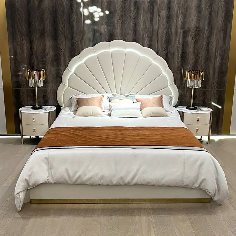 Europen Princess Double Bed Base Beige Designer Wooden Platform Double Bed Headboards Luxury Letti Matrimoniali Home Furniture