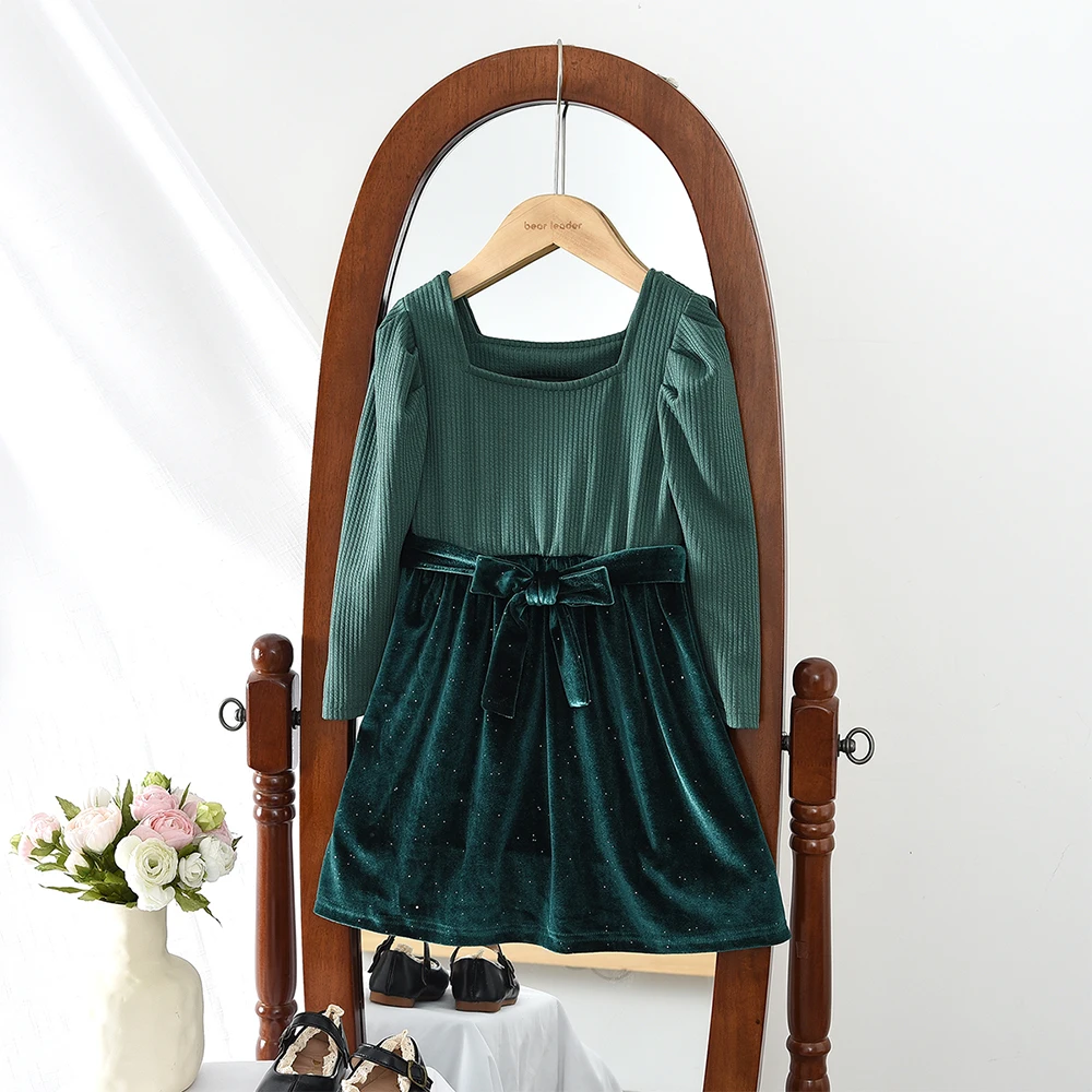 

Korean Version Teen Girl Clothes Pit Strip Patchwork Christmas Princess Dress Spring Autumn Long Sleeve New Year Kids Wear