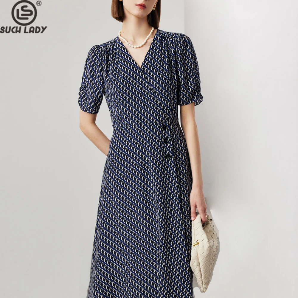 

100% Silk Women's Dresses Sexy V Neck Short Sleeves Printed Elegant Fashion High Street Casual Vestidos