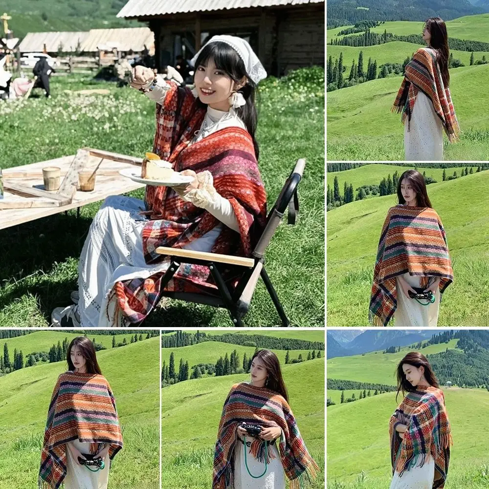 Fashion Bohemian Mongolian Poncho Ethnic Style Keep Warm Knitting Wrap Cloak Gradient Color Winter Knitted Cape for Women