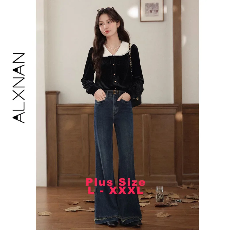 

ALXNAN Plus Size French Shirts Peter Pan Collar Patchwork Tie Straps Buttons Woman's Blouse New Velvet Long Sleeve Tops D58215