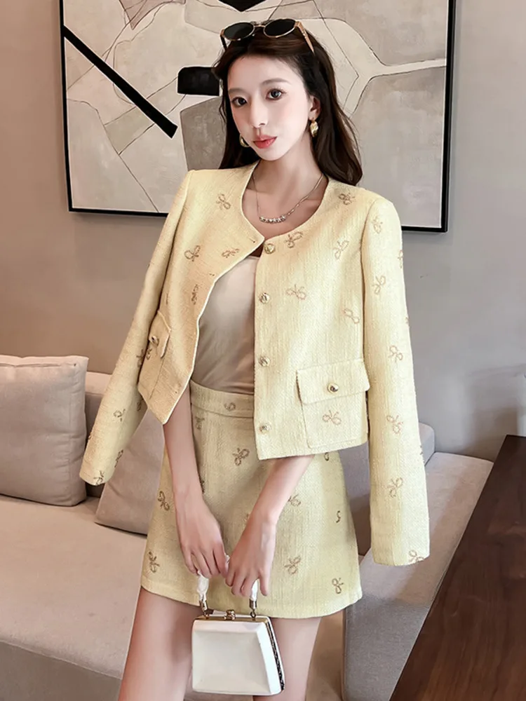 

Высококачественные модные милые твидовые комплекты из 2 предметов для женщин, роскошная французская куртка с бантом, пальто + юбка, костюмы, осенний комплект из двух предметов