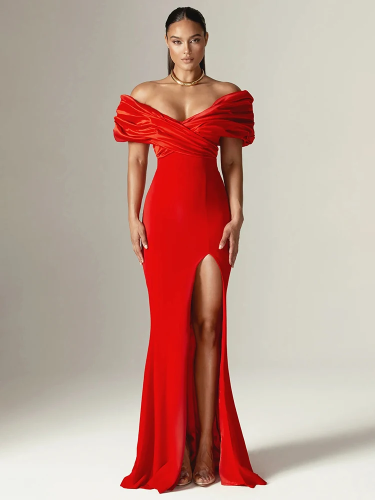 Czerwona satynowa długa sukienka z falbankami wysoki rozcięcie Bodycon bal kochanie Off The Shoulder plisowana suknia wieczorowa Vestidos