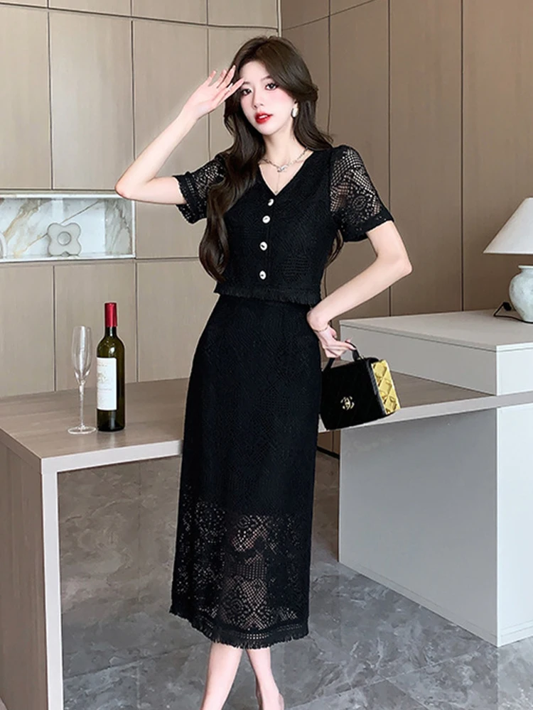 

Fashion Elegant 2 Pieces Outfit Women Clothing Sweet Chic Sheer Lace Short Cropped Tops Shirt Blouse Midi Skirt Sets Work Style
