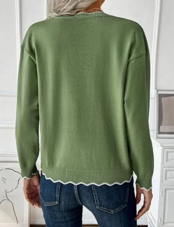 

Solid Color Fashion Contrasting Splicing Wavy Edge Zipper Decoration Long Sleeved Knitted Sweater Women's Casual Sweater