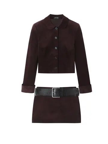 Conjunto de Chaqueta corta y minifalda de terciopelo, Juego de 2 piezas, Otoño e Invierno