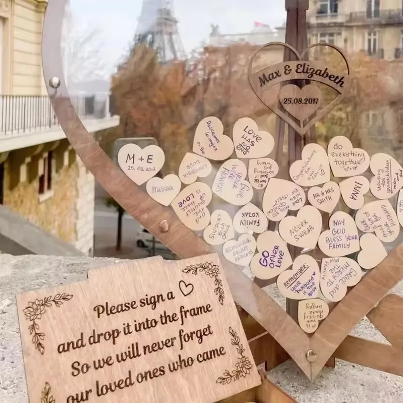 Księga gości weselnych Drewniana słodka księga gości weselnych w kształcie serca Grawerowana przezroczysta księga gości Wesela Dekoracja kart powitalnych — zdjęcie 6