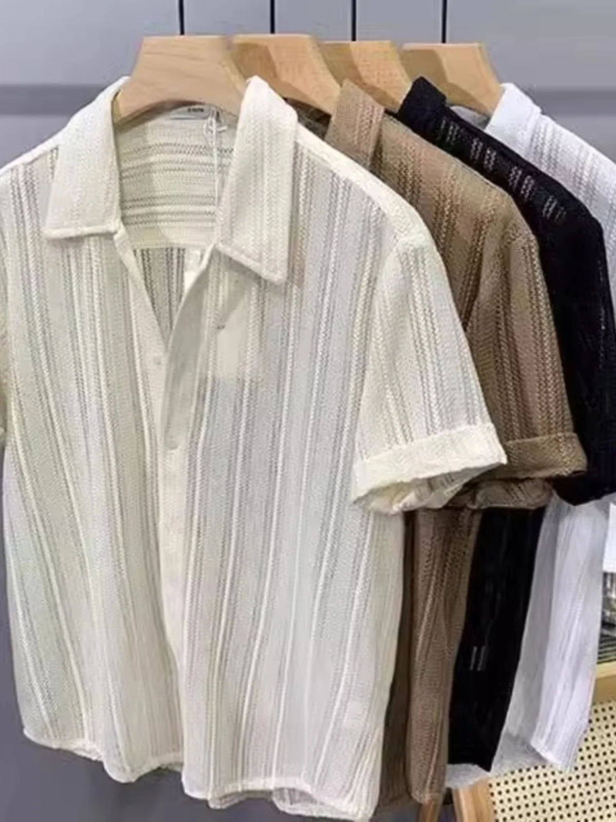 

Мужская летняя свободная драпированная рубашка больших размеров (XL) с воротником, полосатая, с вырезами, дышащая, повседневная