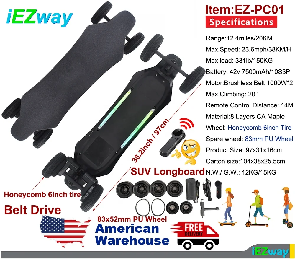 2021 iEZway USA Warehouse Alibaba Amazon Drop Shipping Dual Belt Drive 4 wheel Electronic Skate Board Electric Skateboard