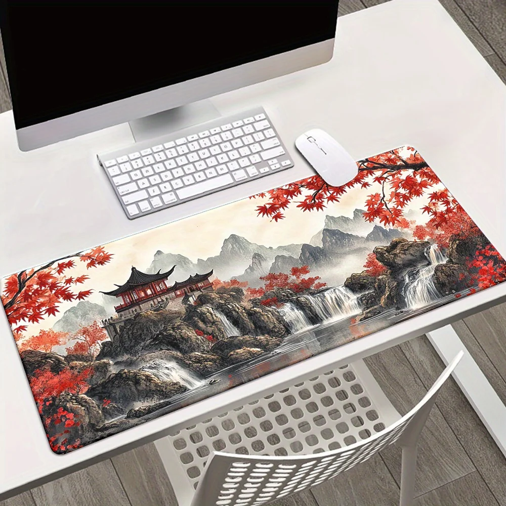 

Очень большой коврик для мыши с японским пейзажем, дизайн с осенними пейзажами, прочный настольный коврик, прецизионные прошитые края, коврик для клавиатуры XXL