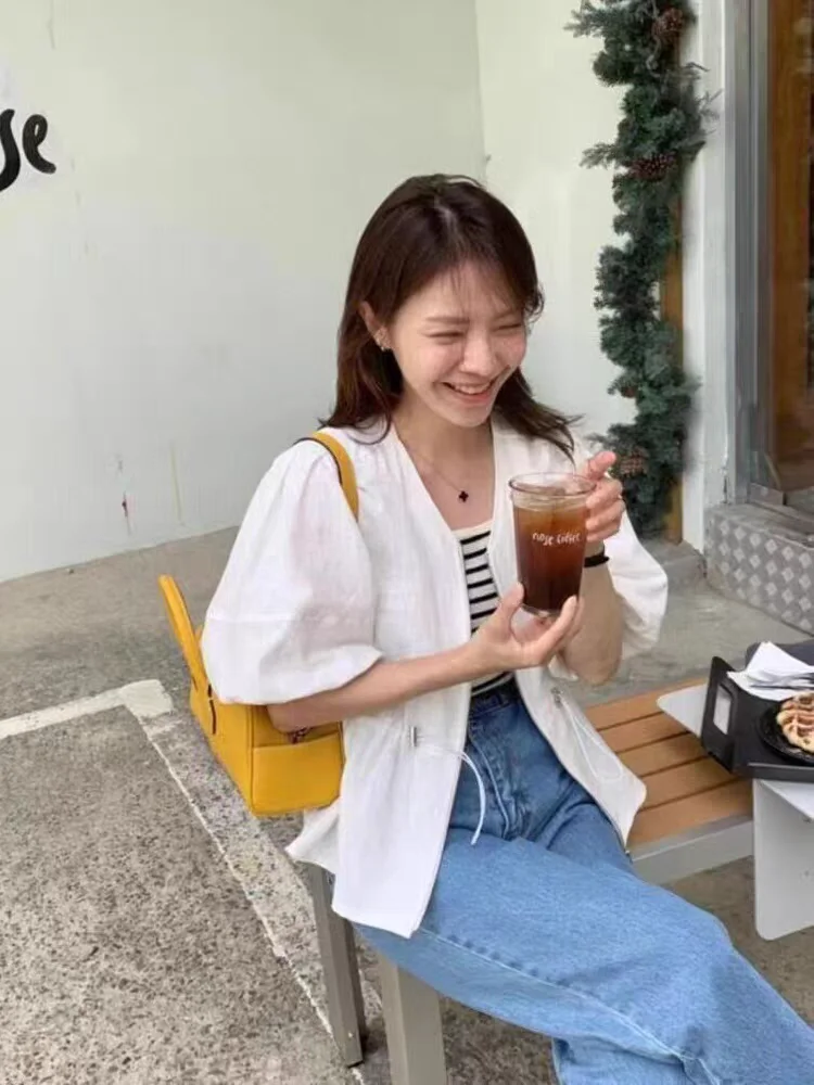 

Retro Loose Cotton Linen Lantern Sve Open Cardigan Women's Top Dstring Waist Slimming Thin Outerwear Versatile Sle