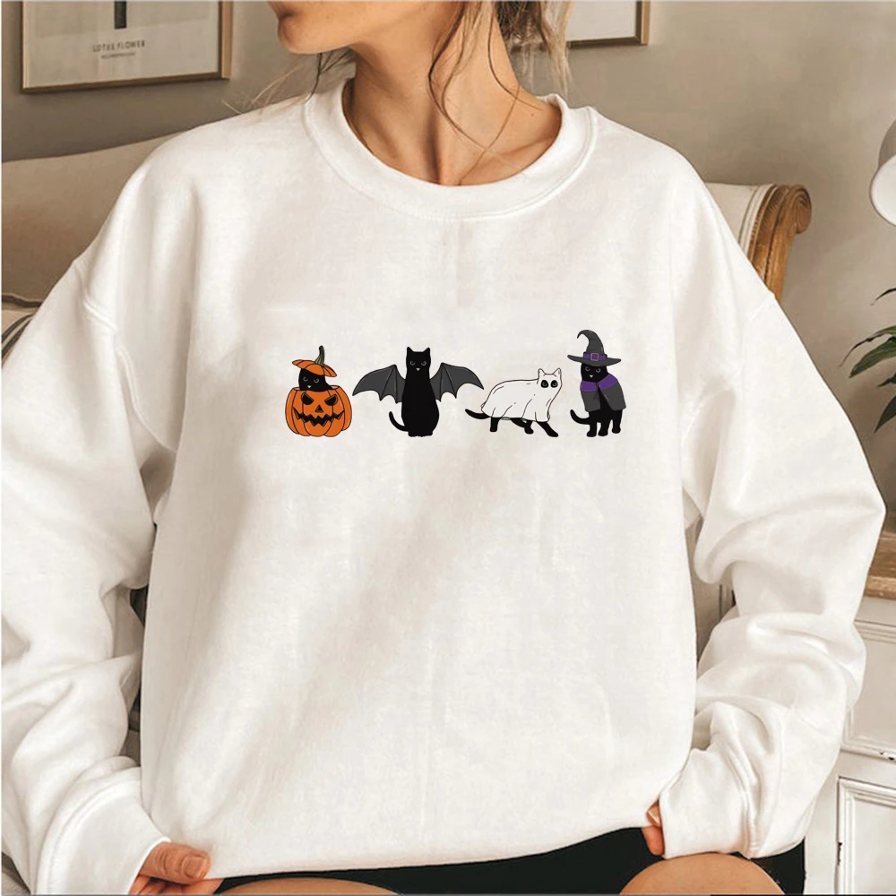 Halloween Sweatshirt Cat Top Ghost Hoodie Halloween Cat Sweatshirts Women Long Sleeve Pullovers Spooky Season Hoodies