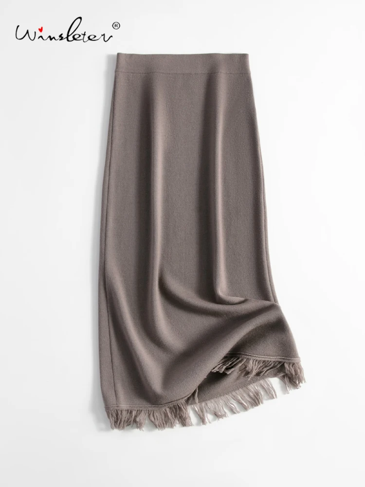 

Winsleter-100%Merino Wool Elegant Skirts, Tassel Patchwork, Women Warm Temperament Commute A-line Skirt, 2025 Autumn B58015CC