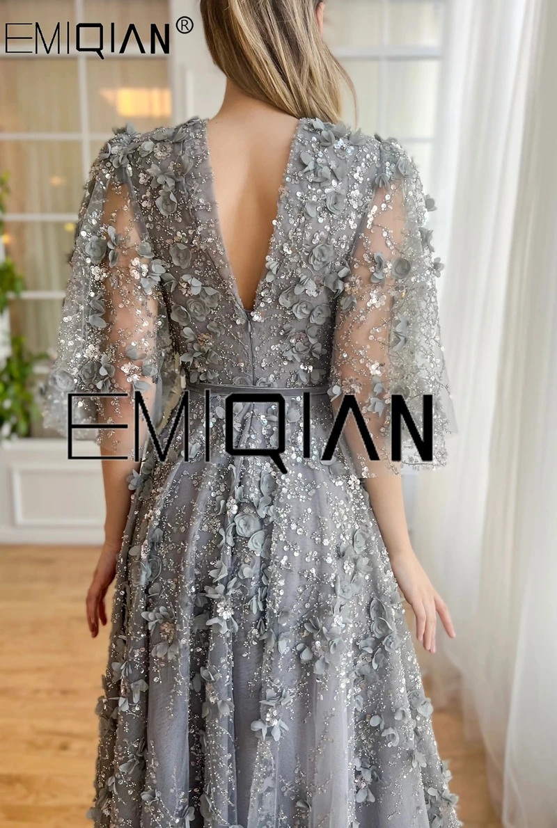 V neck Graduation Gown Wedding Party Evening Dress Grey Ball Female Dresses for Youth Women Prom Deess Evones Long Gala