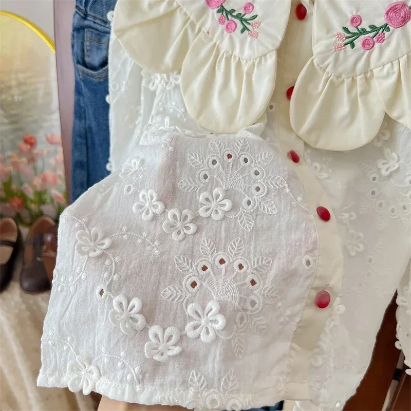 New Girl Doll Shirt Children Spring Clothes Korean Embroidered Shirt Foreign Style Baby Fashionable Top Korean Simple Style