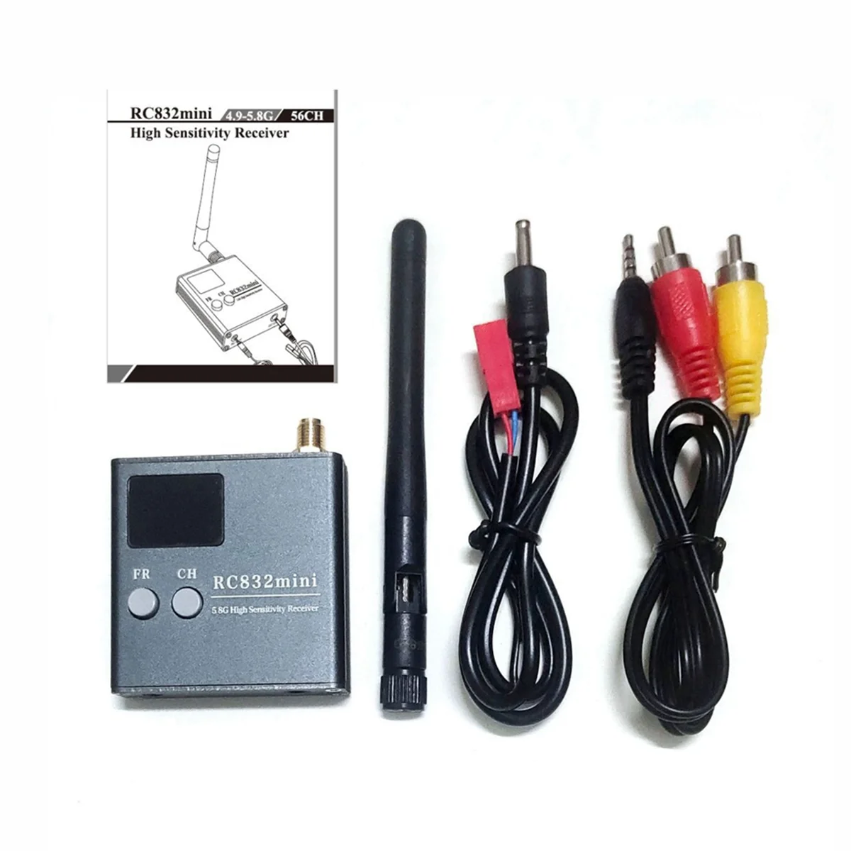 Receptor de alta sensibilidade RC832Mini, receptor sem fio com A/V e cabo de alimentação para FPV Multirotor, 4.9-5.8G, 56CH