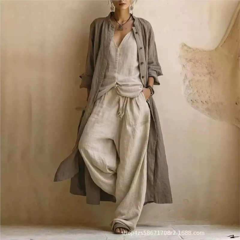 Vintage Print 3-Piece Set Women Casual Long Sleeve Long Cardigan Coat + V-Neck Top+ Wide-leg Trousers Loose Long Pants Sets 2026 view 2