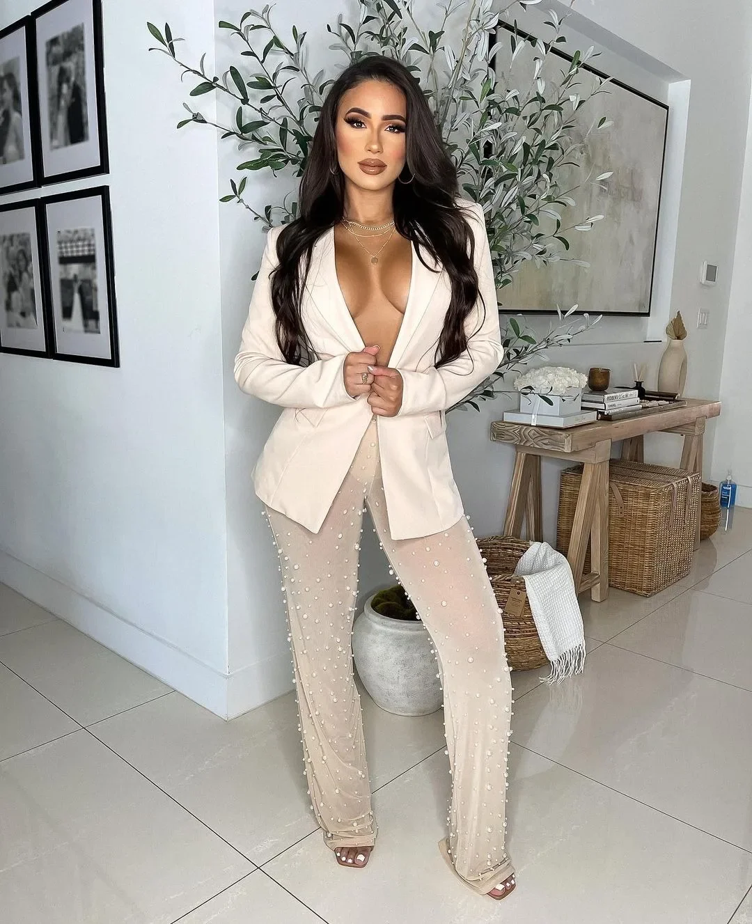 Pearls Blazer 2 Piece Sets Women Suit Single Button Long Sleeve Coat Top Sheer Mesh Flare Pants with Panties Sexy Clubwear