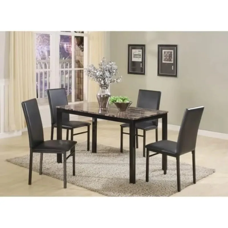 5 Piece Metal Dinette Set with Laminated Faux Marble Top - Black