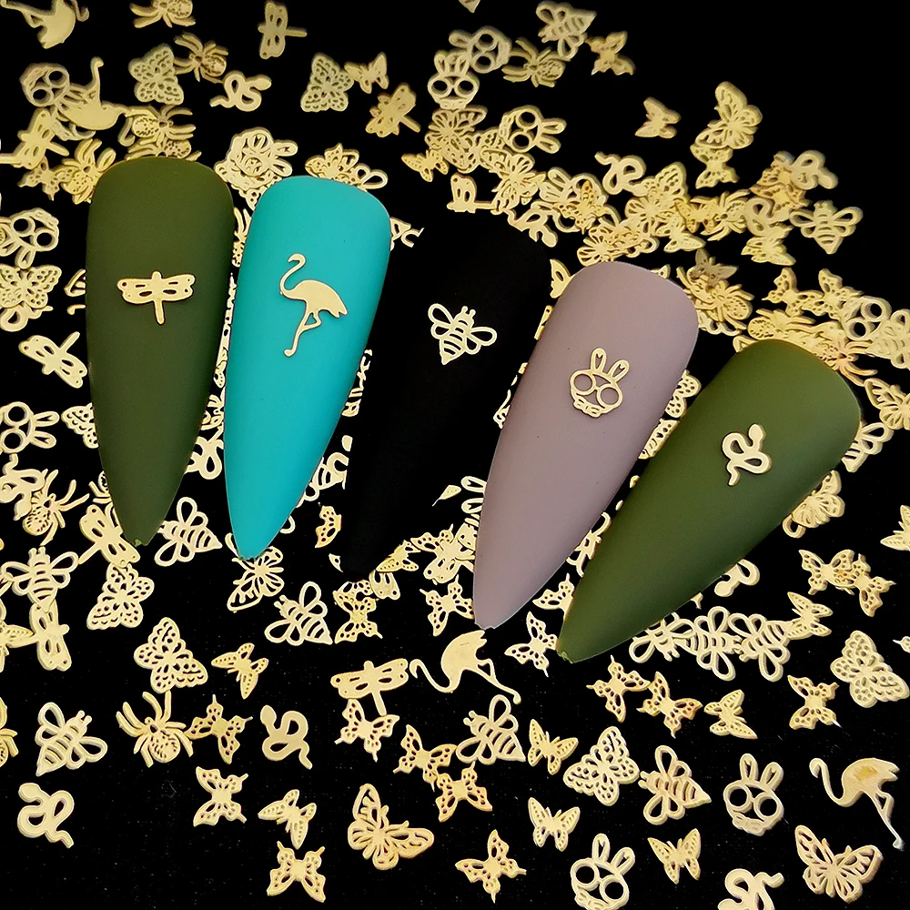 100 sztuk złoty motyl metalowe szpilki do paznokci pszczoła królik metalowy gwóźdź naklejki artystyczne naklejki cienkie paznokci Charms DIY 3D ozdoby do paznokci