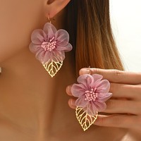 Hollow Lace Pink Leaf Flower Dangle Earrings for Women Chic Cute Mesh Earrings Party Jewelry Gifts