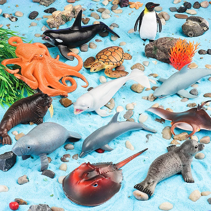 Oenux Sea Life Animals Octopus Whale Shark Turtle Manatee Dolphin Penguin Model Action Figures PVC Ocean Education Kid Toy Gift
