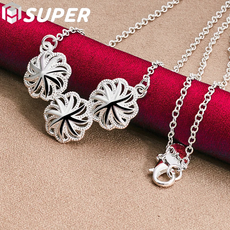 

925 Sterling Silver Three Flowers Pendant Necklace 18 Inch Chain For Woman Fashion Wedding Charm Jewelry