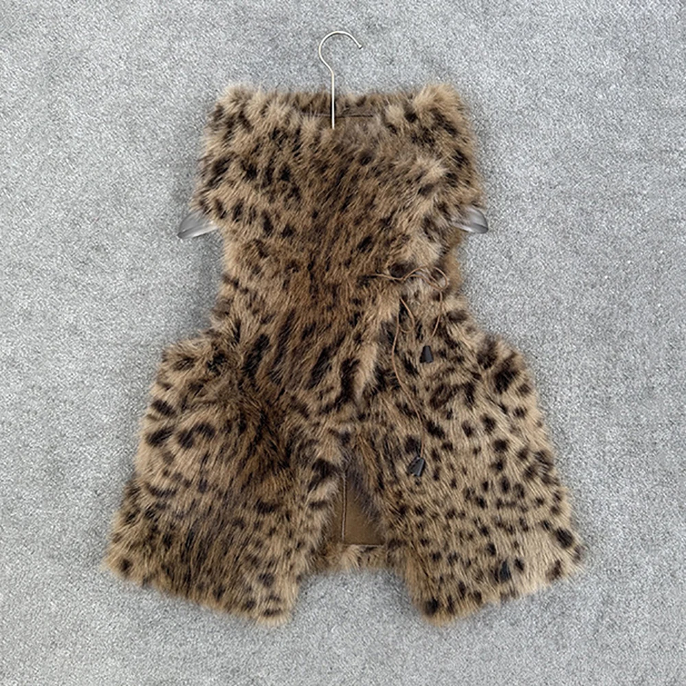 Retro Leopard Print Women's Vest Top Eco-Friendly Faux Fur Tie-Detail Elegant Commuter Sleeveless Vest Jacket Spring 2026 Y2K