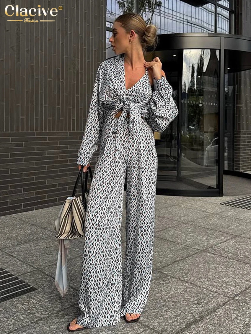 

Clacive Fashion Loose Print Women's 3 Pieces Set 2025 Elegant Long Sleeve Shirt + Bra With High Waist Wide Pants Set Female