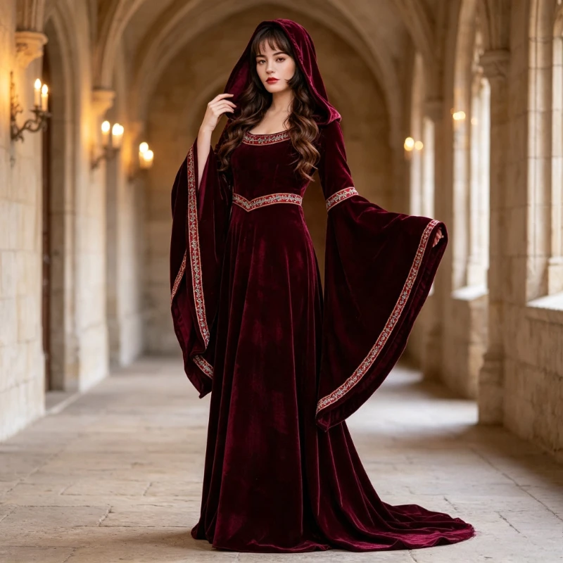 中世風ヴィンテージフード付き魔女ロングドレス親子コスチュームスーツ-ハロウィンパーティー-ステージショー-コスプレ衣装
