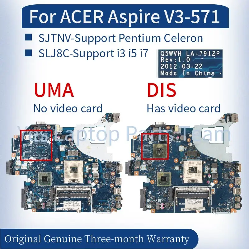 LA-7912P für acer aspire V3-571 E1-531 V3-531 laptop mainboard uma sjtnv/slj8c dis 610m/620m/630m/710m ddr3 notebook motherboard