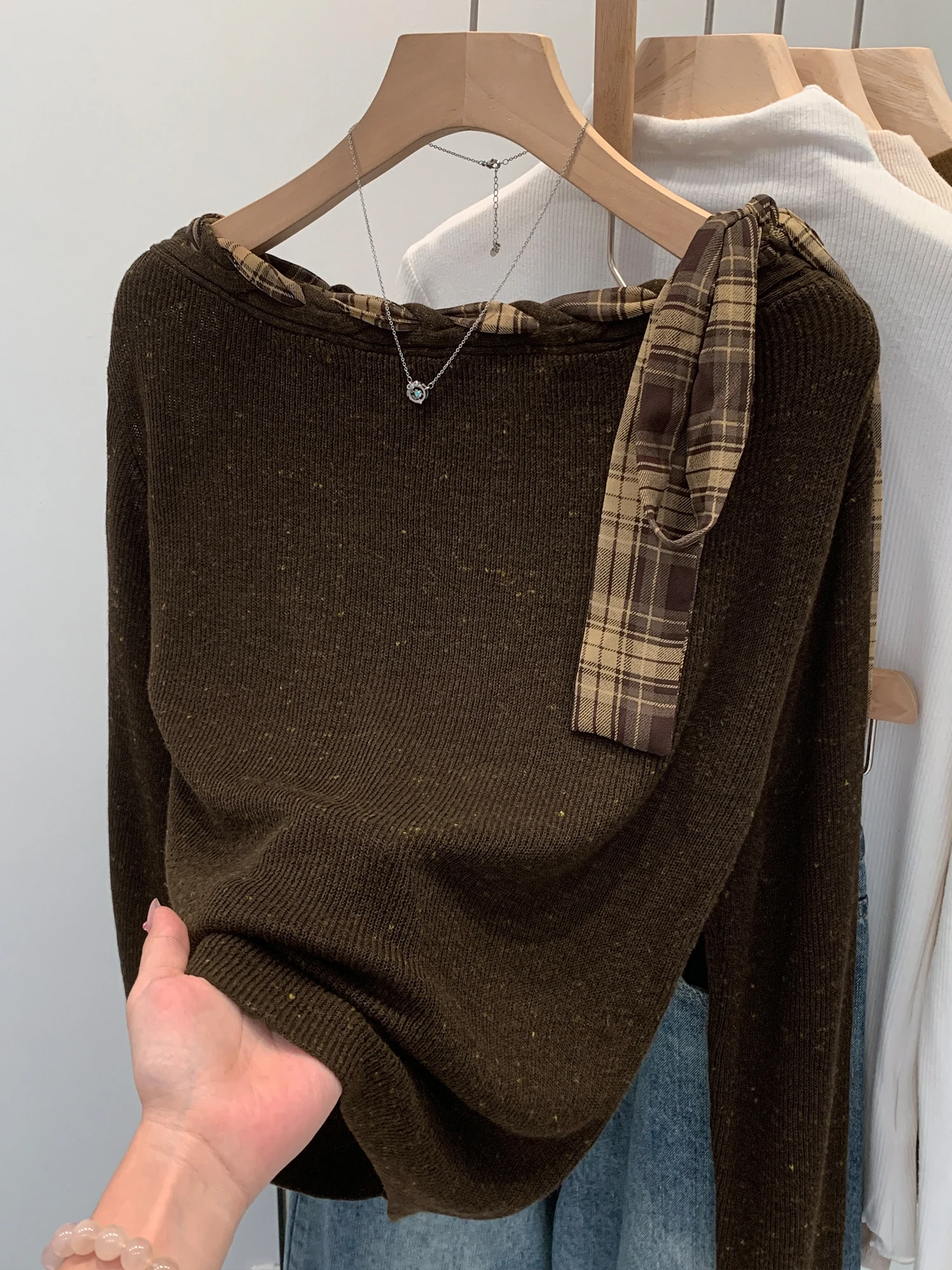 

Women's Knitted Long Sleeve Plaid Patchwork Belted One Shoulder Top Loose Slimming Autumn Fashion Commute Style Regular Fit