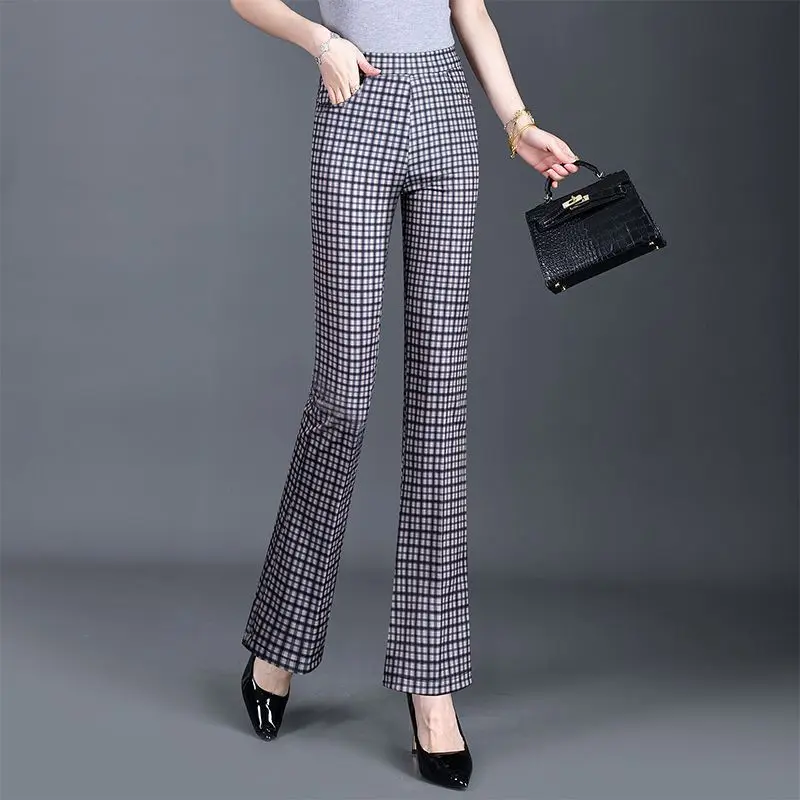 Grid Printed Slightly Flared Pants Summer Fashion Versatile 2025 New Slim-fit Stretch Women's Trousers