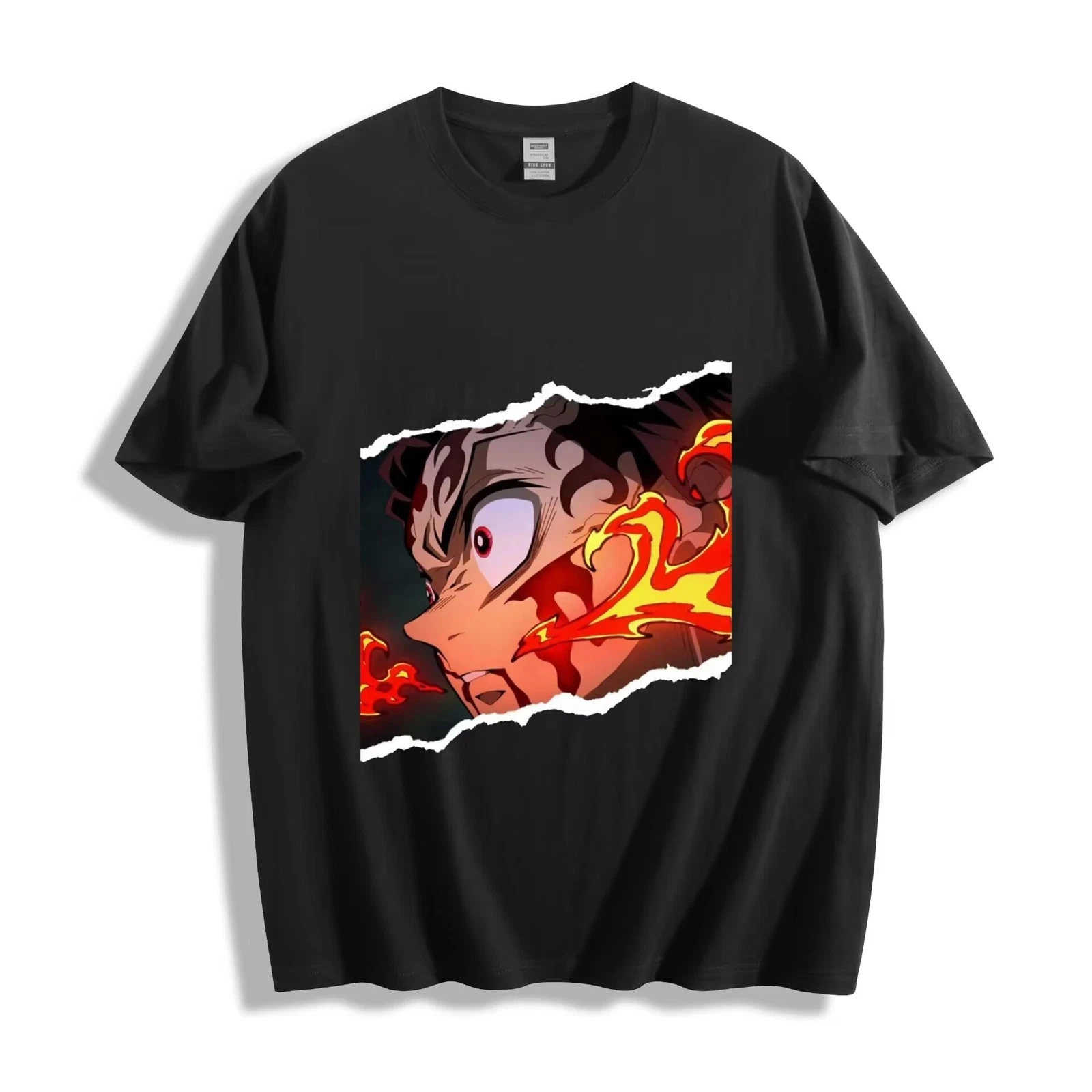 Relaxing and Comfortable Demon Slayer Tanjiro Kamado T-shirt - Ripped Effect Fire God Portrait 2026 New Cotton Summer for Men