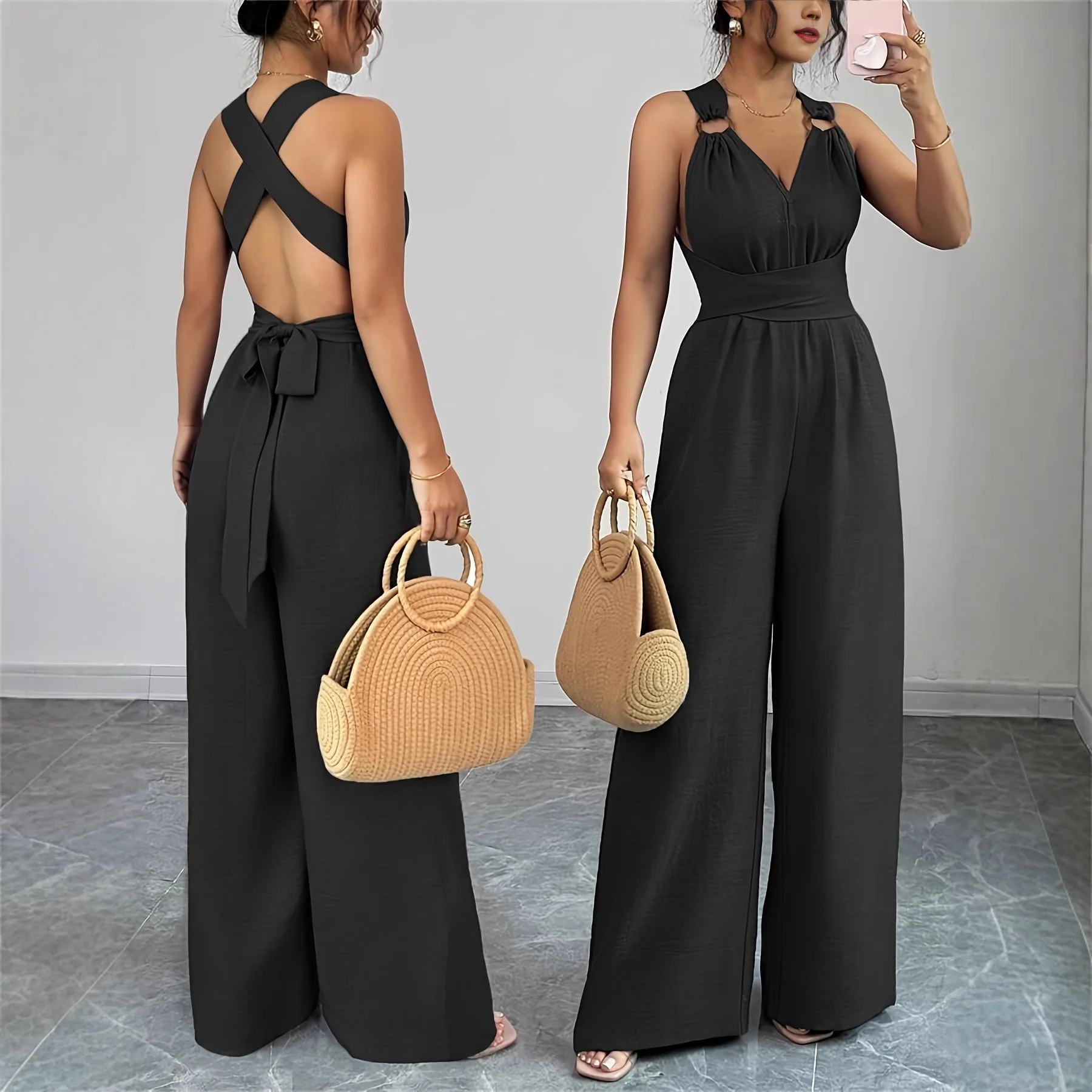 

Women's Casual Solid Color V Neck Loose Straight Jumpsuit Sexy Backless Halter Neck Slim Cami Jumpsuit Streetwear 2026 Rompers