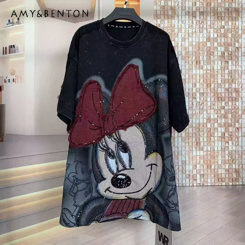 

2025 Autumn New Trendy Brand Embroidered Bow Cute Y2k Tshirts Fashion Cartoon Oversized Loose Short Sleeves T-shirt Pullover Top