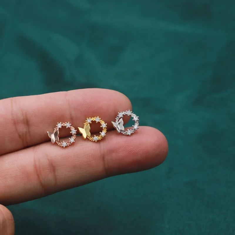 Leuke Koperen Zirkoon Cirkel Vlinder Stud Oorbel Vrouwen Goud Kleur Staal Helix Bar Oorkraakbeen Piercing Manchet Sieraden Groothandel