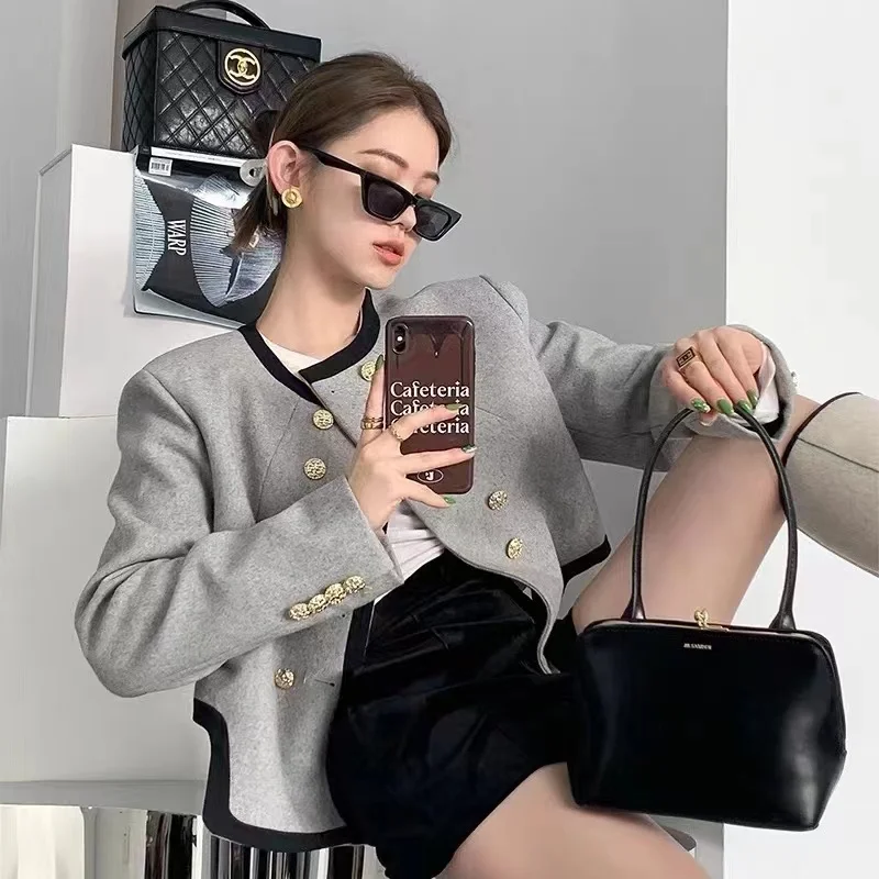 

Women's Tweed Short Jacket Classic Black Trim Blazer with Gold Buttons Elegant Coat for Dating Office